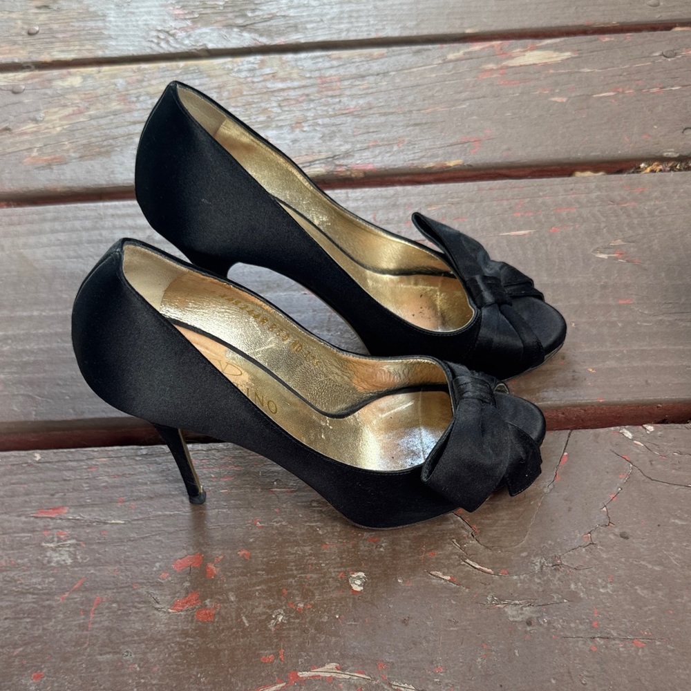 Valentino Black Satin Heels with Bow